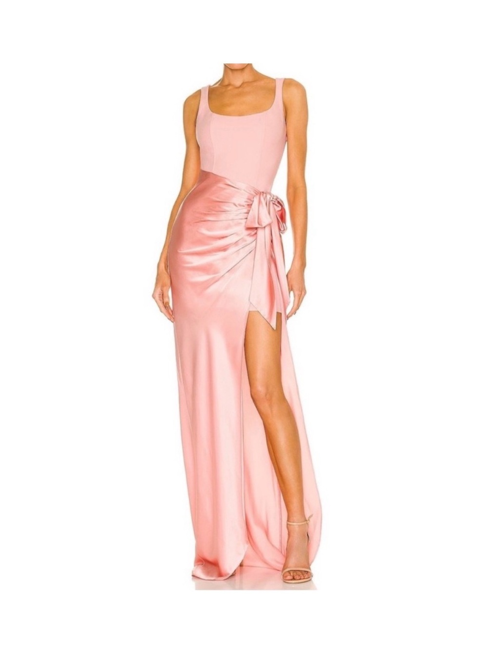 Cinq a Sept Maxi Pink Rose Satin Corset Ruched Maxi Dress Silk with High Slit